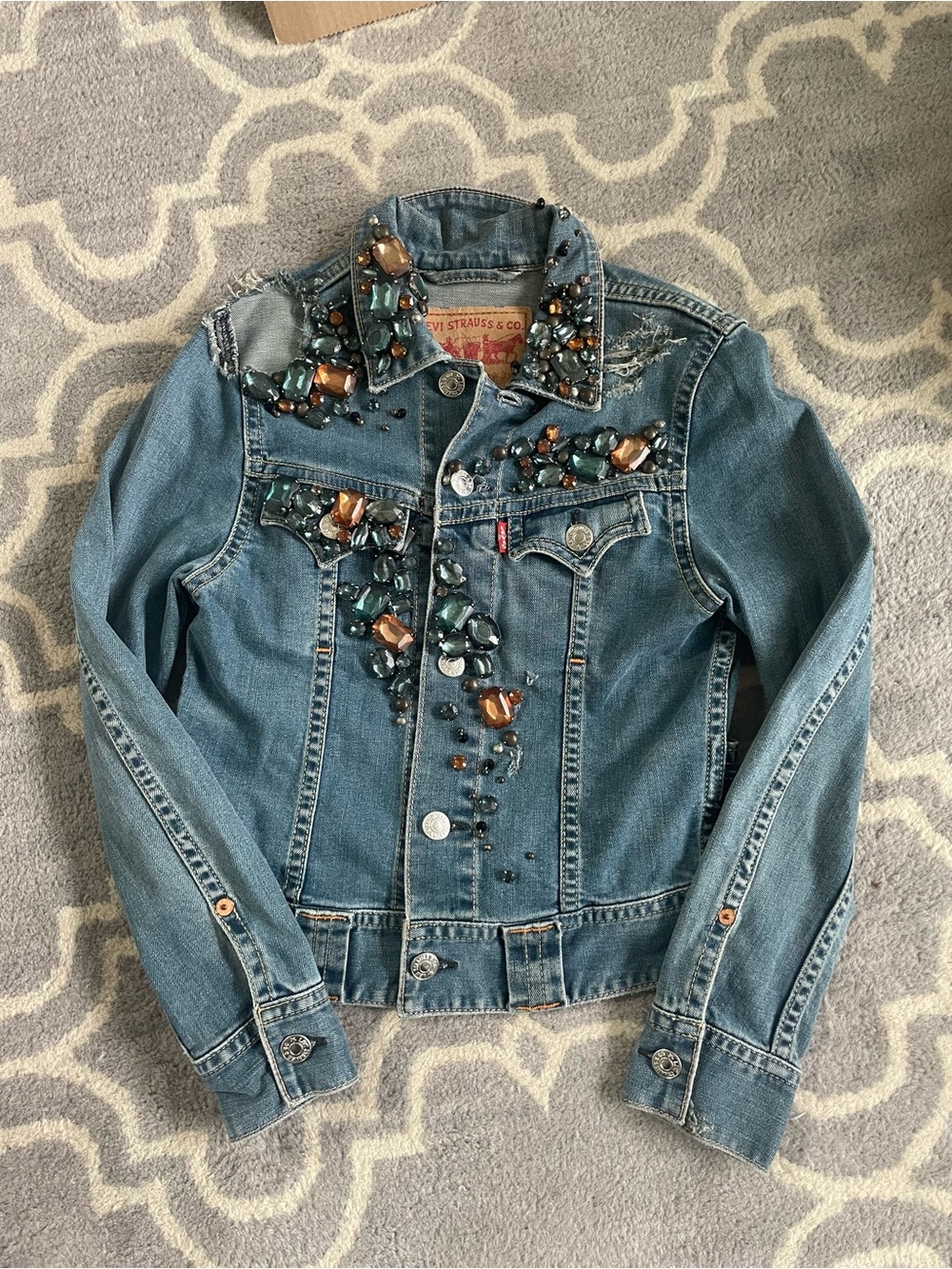 Levi's x Tiger In The Rain Light Blue Jewelled Distressed Denim Jacket